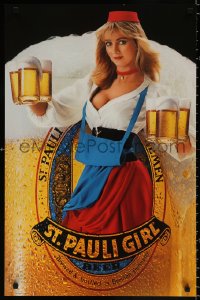 9c110 ST. PAULI GIRL 21x32 advertising poster 1984 great image of blonde girl holding beer mugs!