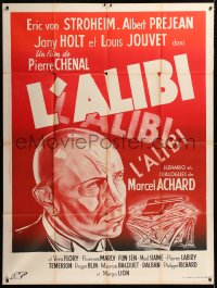 9f598 ALIBI French 1p R1950s Jacques Bonneaud art of Erich von Stroheim with cash & gun!