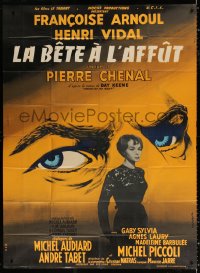 9f623 BEAST AT BAY French 1p 1959 Roger Varenne art of huge eyes looming over Francoise Arnoul!