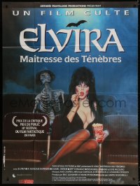 9f705 ELVIRA MISTRESS OF THE DARK French 1p 1990 sexy Cassandra Peterson with skeleton in theater!