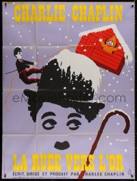 9f737 GOLD RUSH French 1p R1972 Charlie Chaplin classic, great Leo Kouper artwork!