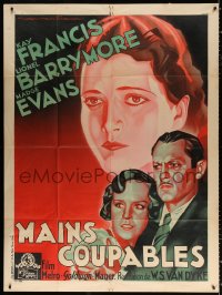 9f745 GUILTY HANDS French 1p 1931 art of Kay Francis, Lionel Barrymore & Evans by Roger Soubie!