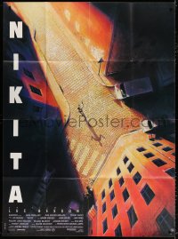 9f801 LA FEMME NIKITA French 1p 1990 Luc Besson, cool overhead art of Anne Parillaud in alley!