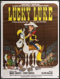 9f821 LUCKY LUKE French 1p 1971 great cartoon art of the smoking cowboy hero on his horse!