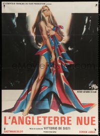 9f856 NAKED ENGLAND French 1p 1969 Symeoni art of sexy naked woman clutching British flag, rare!