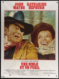 9f908 ROOSTER COGBURN French 1p 1976 great art of John Wayne with eyepatch & Katharine Hepburn!