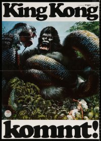 9f061 KING KONG teaser German 33x47 1976 art of the BIG ape fighting enormous snake by John Berkey!