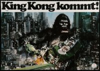 9f062 KING KONG teaser German 33x47 1976 great John Berkey art of BIG Ape destroying train in city!