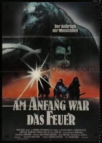 9f064 QUEST FOR FIRE German 33x47 1982 Jean-Jacques Annaud, different photo of prehistoric cavemen!