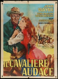 9f345 DAKOTA Italian 1p R1962 different art of John Wayne with guns & pretty Vera Ralston on horse!