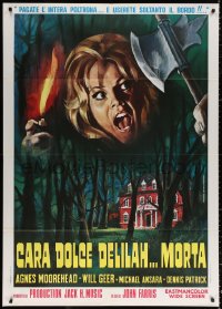 9f349 DEAR DEAD DELILAH Italian 1p 1974 Piovano art of scared girl over creepy house in the woods!