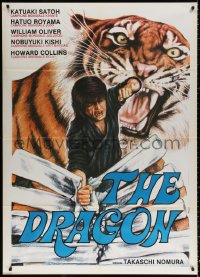 9f373 FIGHTING BLACK KINGS Italian 1p 1980 art of kung fu fighter + giant tiger in background!