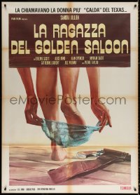 9f392 GIRLS OF THE GOLDEN SALOON Italian 1p 1975 sexy art of woman removing panties by gun, rare!