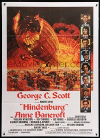9f408 HINDENBURG Italian 1p 1975 all-star cast, Mort Kunstler art of zeppelin crashing down!
