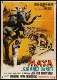 9f454 MAYA Italian 1p 1966 Clint Walker in India, different art of elephants & tiger, rare!