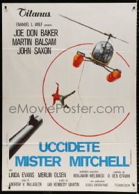 9f459 MITCHELL Italian 1p 1975 different art of gun pointed at man falling from helicopter, rare!