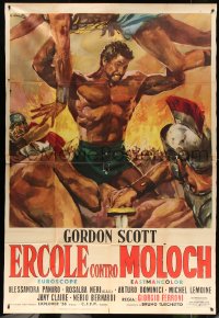9f242 HERCULES AGAINST MOLOCH Italian 2p 1963 Ciriello art of strongest man Gordon Scott fighting!
