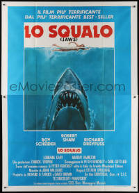 9f250 JAWS Italian 2p R1970s art of Steven Spielberg's classic man-eating shark attacking swimmer!