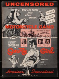9f148 MOTORCYCLE GANG/SORORITY GIRL pressbook 1957 AIP double-bill, uncensored, wild & wicked!