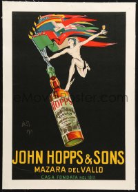 9f004 JOHN HOPPS & SONS linen 12x18 Italian advertising poster 1940s Bazzi art of Mercury & bottle!