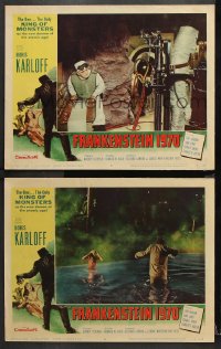 9g892 FRANKENSTEIN 1970 2 LCs 1958 the monster attacking sexy girl in water & in bandages, Karloff!