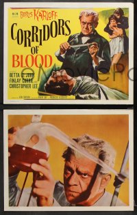 9g102 CORRIDORS OF BLOOD 8 int'l LCs 1963 Boris Karloff, Betta St. John, blood-curdling experiments!