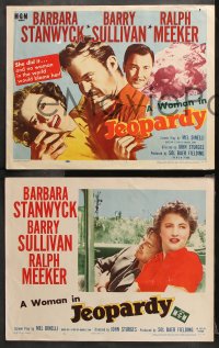 9g203 JEOPARDY 8 LCs 1953 Barbara Stanwyck struggling with Ralph Meeker, Barry Sullivan, film noir!