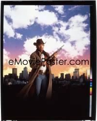 9h156 WALKER TEXAS RANGER 8x10 transparency 1990s Chuck Norris posing with shotgun by city!