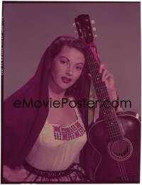 9h159 YVONNE DE CARLO 8x10 transparency 1952 close portrait wearing shawl & holding guitar!