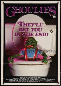 9j470 GHOULIES Aust 1sh 1985 wacky horror image of goblin in toilet, they'll get you in the end!