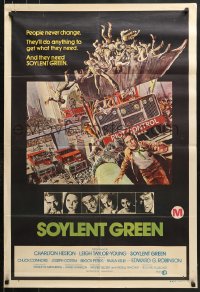 9j545 SOYLENT GREEN Aust 1sh 1973 art of Charlton Heston trying to escape riot control by John Solie!