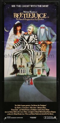 9j616 BEETLEJUICE Aust daybill 1988 Tim Burton, Ramsey art of Keaton, Baldwin & Geena Davis!