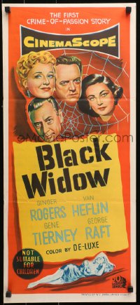 9j625 BLACK WIDOW Aust daybill 1954 art of Ginger Rogers, Tierney, Van Heflin & Raft!