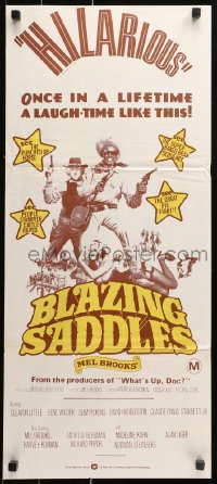 9j627 BLAZING SADDLES Aust daybill 1974 classic Mel Brooks western, wacky different art!