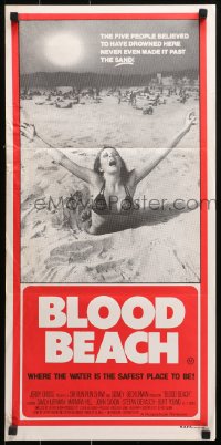 9j628 BLOOD BEACH Aust daybill 1981 Jaws parody tagline, image of sexy girl in bikini sinking in sand!