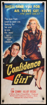 9j685 CONFIDENCE GIRL Aust daybill 1952 Hillary Brooke wants to take Tom Conway for all he's got!