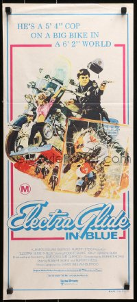 9j712 ELECTRA GLIDE IN BLUE Aust daybill 1973 cool art of motorcycle cop Robert Blake!