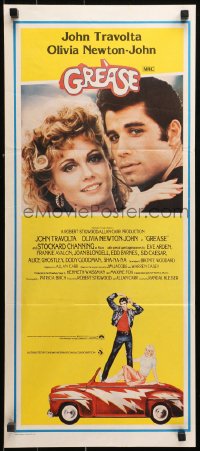 9j753 GREASE Aust daybill 1978 John Travolta & Olivia Newton-John, yellow background design!