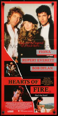 9j767 HEARTS OF FIRE Aust daybill 1987 Bob Dylan, Fiona, Rupert Everett, rock 'n' roll!