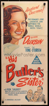 9j775 HIS BUTLER'S SISTER Aust daybill R1950s c/u of Deanna Durbin, Franchot Tone, Pat O'Brien!