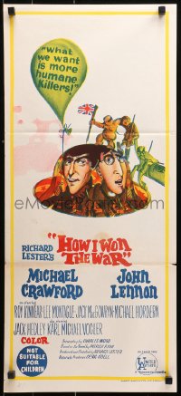 9j782 HOW I WON THE WAR Aust daybill 1968 wacky art of John Lennon & Michael Crawford on helmet!