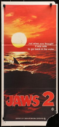 9j794 JAWS 2 teaser Aust daybill 1978 classic art of man-eating shark's fin in red water at sunset!