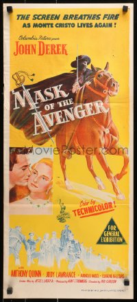 9j824 MASK OF THE AVENGER Aust daybill 1951 John Derek, Quinn, Monte Cristo lives, fights, loves again