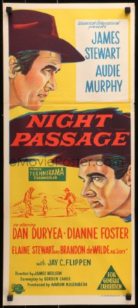 9j837 NIGHT PASSAGE Aust daybill 1957 cool art of Jimmy Stewart & Audie Murphy!
