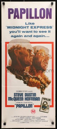 9j855 PAPILLON Aust daybill R1970s art of prisoners Steve McQueen & Dustin Hoffman by Tom Jung!