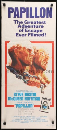 9j854 PAPILLON Aust daybill 1974 art of prisoners Steve McQueen & Dustin Hoffman by Tom Jung!