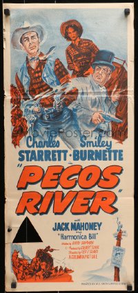 9j858 PECOS RIVER Aust daybill 1951 different artwork of Charles Starrett & Smiley on stagecoach!