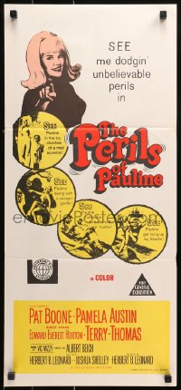 9j859 PERILS OF PAULINE Aust daybill 1967 Rebellion Girl Pamela Austin dodges unbelievable perils!