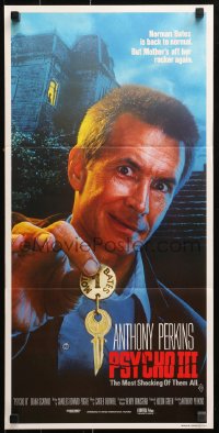 9j871 PSYCHO III Aust daybill 1986 close image of Anthony Perkins as Norman Bates, horror sequel!