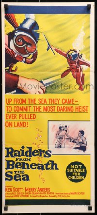 9j875 RAIDERS FROM BENEATH THE SEA Aust daybill 1965 scuba divers rise from sea to commit heist!